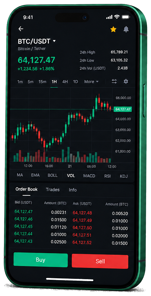 Nexute Brillo plataforma móvil de trading: gráfico BTC/USDT en vivo, libro de órdenes e interfaz para comprar y vender
